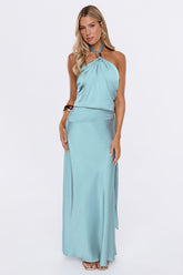 Dressed Like Poetry Halter Satin Maxi Dress Aqua