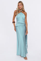 Dressed Like Poetry Halter Satin Maxi Dress Aqua