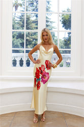 Rebellious Rose Halter Satin Maxi Dress Yellow