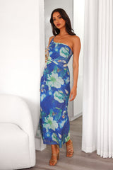 Celebrate Success One Shoulder Mesh Midi Dress Blue