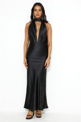 Pleased Satin Halter Maxi Dress Black