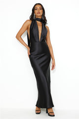 Pleased Satin Halter Maxi Dress Black