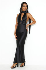 Pleased Satin Halter Maxi Dress Black