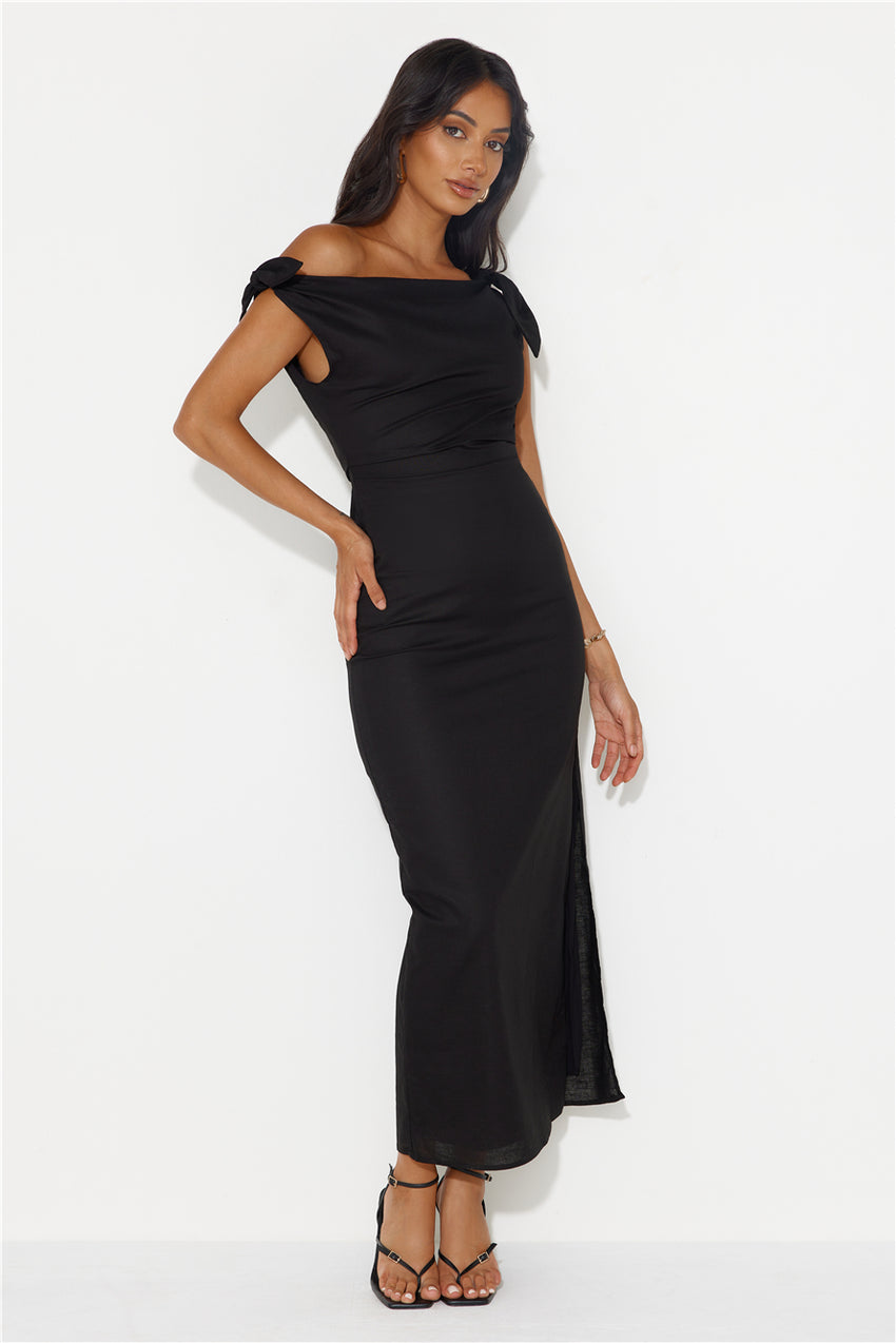 From Locations Linen Blend Off Shoulder Midi Dress Black
