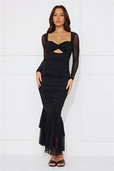 Awaken Desires Mesh Long Sleeve Midi Dress Black
