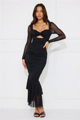 Awaken Desires Mesh Long Sleeve Midi Dress Black