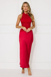 Popping Bottles Satin Mesh Halter Maxi Dress Red