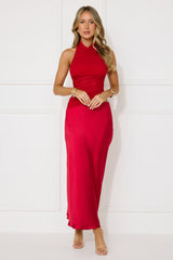 Popping Bottles Satin Mesh Halter Maxi Dress Red