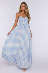Picnic Perfect Look Strapless Gingham Maxi Dress Blue