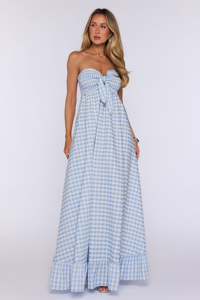 Picnic Perfect Look Strapless Gingham Maxi Dress Blue