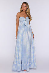 Picnic Perfect Look Strapless Gingham Maxi Dress Blue