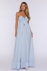 Picnic Perfect Look Strapless Gingham Maxi Dress Blue