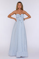 Picnic Perfect Look Strapless Gingham Maxi Dress Blue