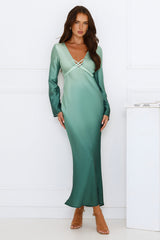Horizon Hues Satin Long Sleeve Midi Dress Green Ombre