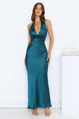 Spiced Sunset Satin Halter Maxi Dress Green
