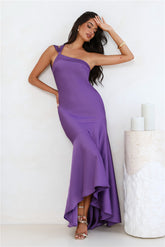 Romantic Affair Satin One Shoulder Maxi Dress Purple