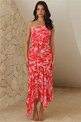 Palm Trees Around One Shoulder Maxi Dress Pink