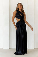 Iridescent Shimmer One Shoulder Maxi Dress Black