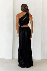 Iridescent Shimmer One Shoulder Maxi Dress Black