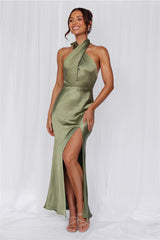 The Adeline Halter Satin Maxi Dress Olive