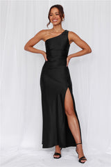 The Aurora One Shoulder Satin Maxi Dress Black