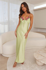 Flower Passion Satin Maxi Dress Green