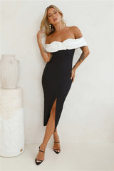 Date At Fine Dining Off Shoulder Midi Dress Black