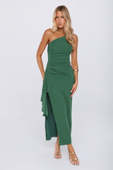 Chic One Shoulder Ruched Drape Maxi Dress Green