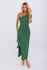 Chic One Shoulder Ruched Drape Maxi Dress Green