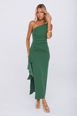 Chic One Shoulder Ruched Drape Maxi Dress Green