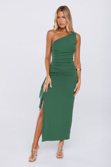 Chic One Shoulder Ruched Drape Maxi Dress Green