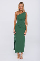 Chic One Shoulder Ruched Drape Maxi Dress Green