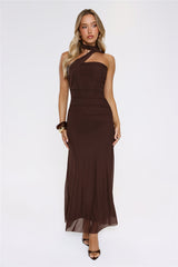 Evening Allure Mesh Strapless Maxi Dress Brown