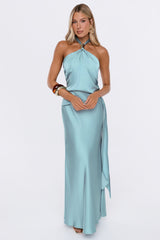 Dressed Like Poetry Halter Satin Maxi Dress Aqua
