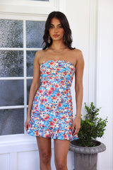 Tropical Feel Strapless Mini Dress Blue