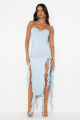 HELLO MOLLY All The Frills Strapless Midi Dress Baby Blue