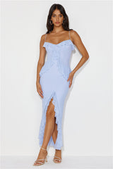Hotel Flowers Frill Maxi Dress Light Blue