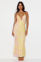 Charming Evening Halter Mesh Maxi Dress Yellow