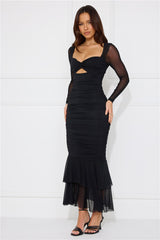 Awaken Desires Mesh Long Sleeve Midi Dress Black