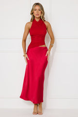 Popping Bottles Satin Mesh Halter Maxi Dress Red