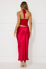 Popping Bottles Satin Mesh Halter Maxi Dress Red