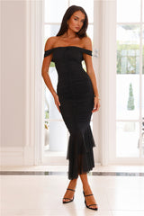 Tanisha Off Shoulder Mesh Midi Dress Black