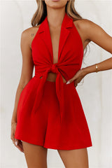 Chic Collared Halter Tie Front Romper Red
