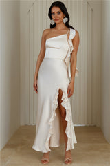 Glam Soirée Satin One Shoulder Maxi Dress Champagne