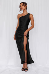 The Aurora One Shoulder Satin Maxi Dress Black