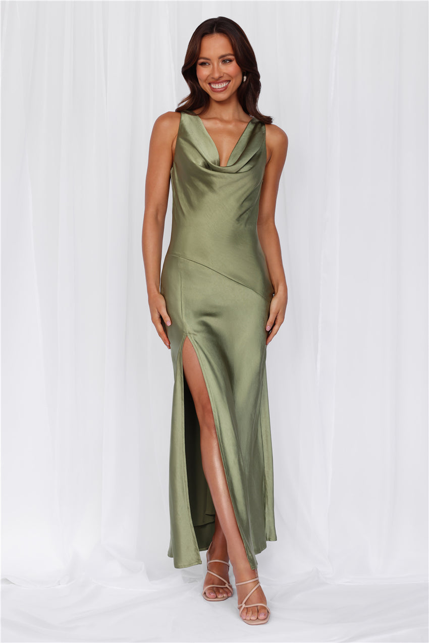 HELLO MOLLY The Loretta Cowl Satin Maxi Dress Olive